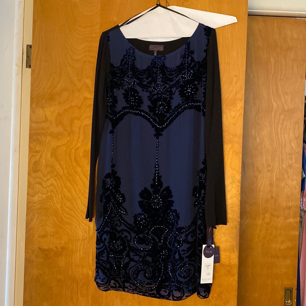 NWT Hand-beaded Hale Bob dress sz M, velvet and embroidery details.
